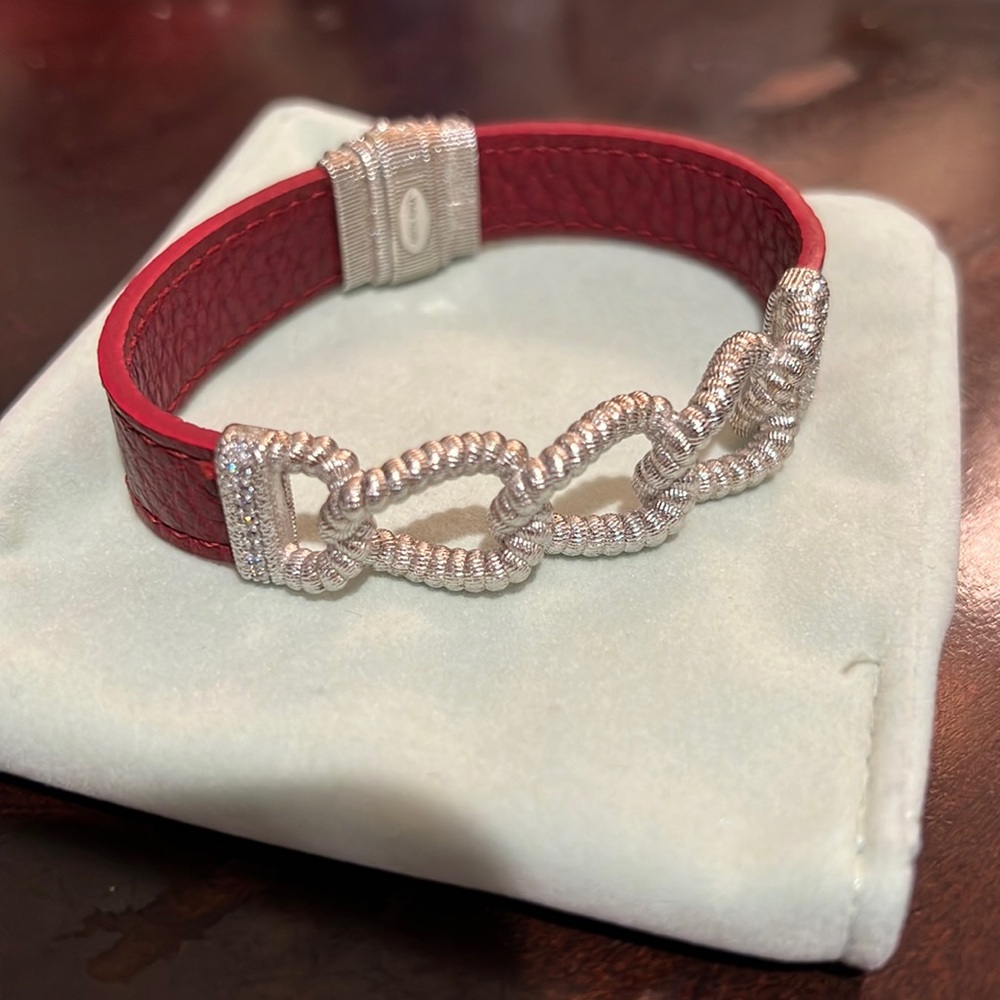 Judith Ripka leather, CZ Diamond and SS bracelet